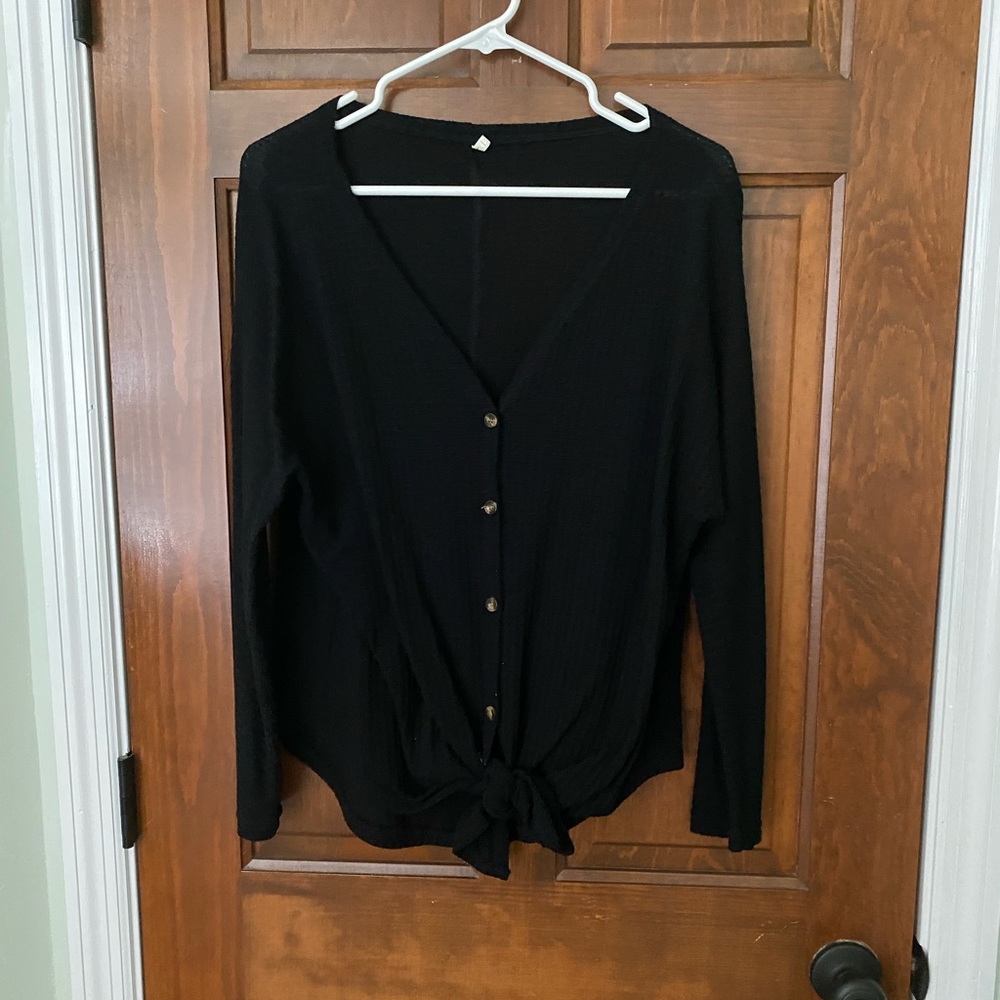 Black large knotted button up blouse